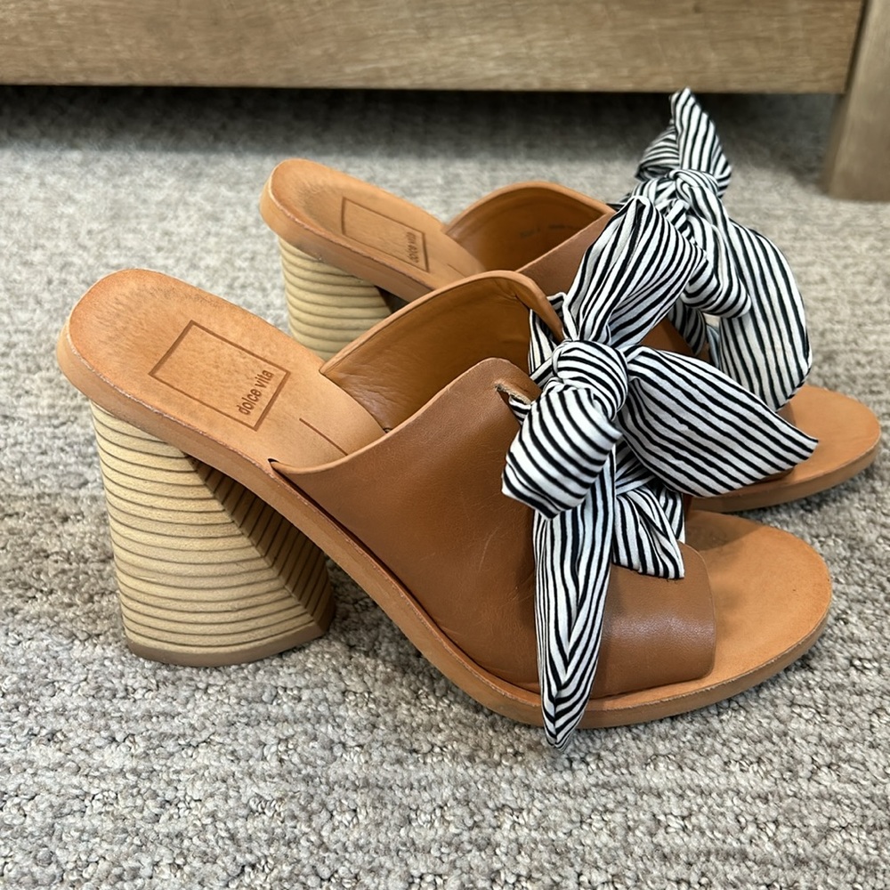 Leather Slide Heels with Black & White Bow - Women